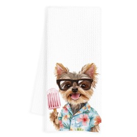 INDAJEDN Yorkshire Terrier Gifts Kitchen Towels, Tropical Shirt Sunglasses Ice-Cream Puppy Decorative Dish Tea Towels for Kitchen, Summer Yorkie Dog Hand Towels for Bathroom, 16x24 Inch