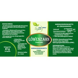 VITA IDEAL Vegan Dandelion – Root 120 Capsules – Traxacum Officialae – Lion – Tooth – Daily Serving 820 mg Dandelion Root Pure Powder Natural, Vegetable and No Additives