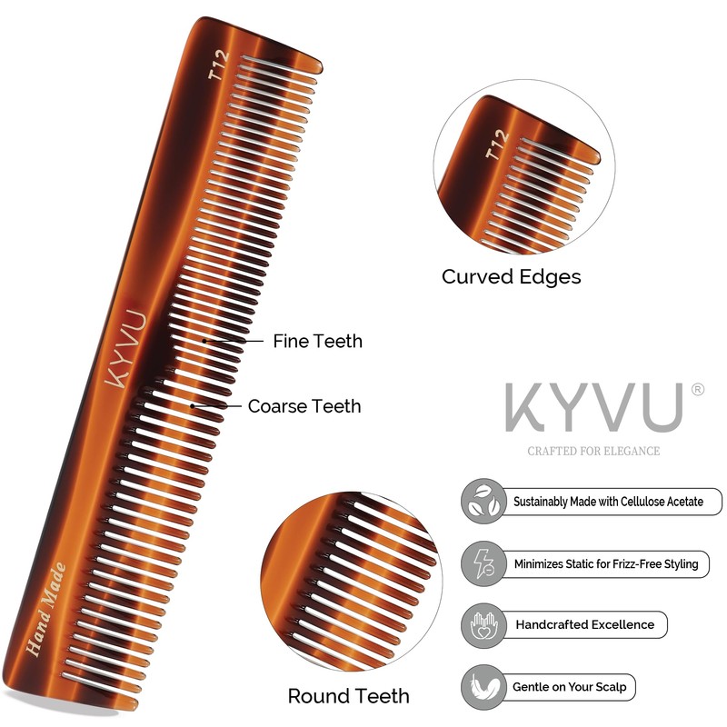 KYVU Handmade Cellulose Acetate Comb T12, 16.6 cm, FINE &