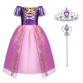 ACWOO Children's Girls' Princess Costume, Princess Rapunzel Long Dress, Party Dress, Maxi Dress with Tiara, Gloves, Wand etc. for Party, Cosplay, Fancy Dress, Festive Carnival