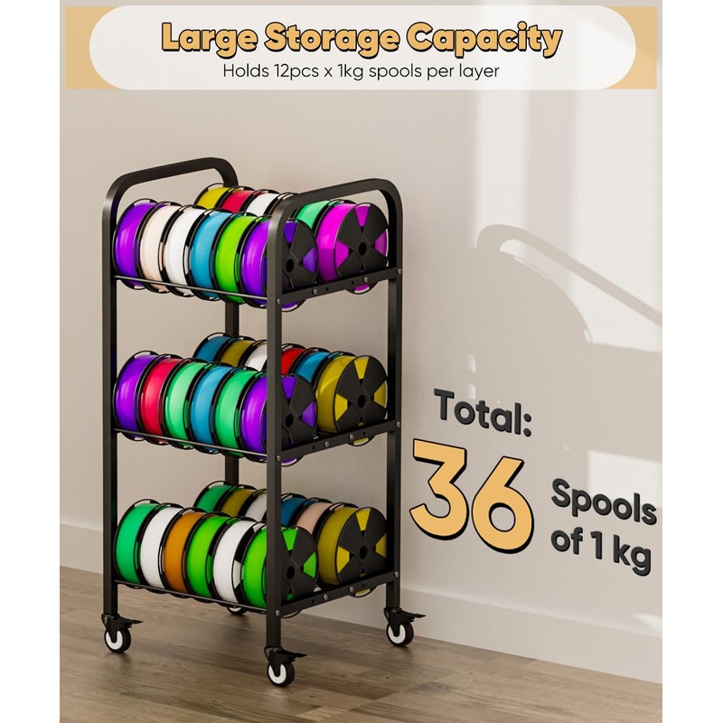 AnBaiMei 3-Tier 3D Printer Filament Storage Rack with Wheels, Rolling