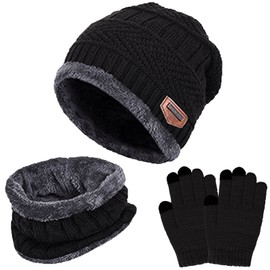 TMEOG Winter Hat Children's Scarf Gloves Set, Knitted Hat Toddler Loop Scarf with Fleece Lining Touchscreen Gloves Hat, Scarf & Glove Sets for Boys Girls 5-10 Years, G# Hat&Scarf&Gloves_Black