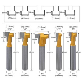 Gasea 5pcs 1/4" Shank Handle T-Slot Cutter Router Bit T-Track Keyhole Bits for Woodworking Cutting Tool 5/16", 3/8", 1/2", 7/16" & 5/8" Hex Bolt