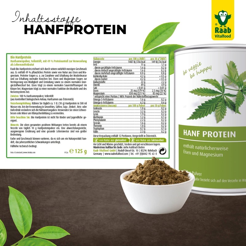 Raab Vitalfood Bio Hanfprotein-Pulver, vegan, Hanf-Pulver mit 49 % pflanzlichem