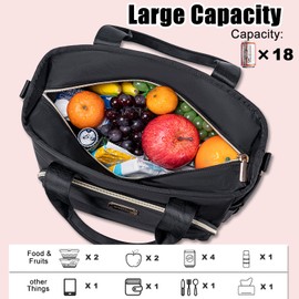 Weitars Insulated Lunch Bag for Women,Leak Proof Lunch Box for Work,Extra Large Lunch Tote Bag With Removable Shoulder Strap with Side Pockets,Reusable Lunch Bag For Picnic Hiking (Black-02)