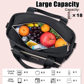 Weitars Insulated Lunch Bag for Women,Leak Proof Lunch Box for Work,Extra Large Lunch Tote Bag With Removable Shoulder Strap with Side Pockets,Reusable Lunch Bag For Picnic Hiking (Black-02)
