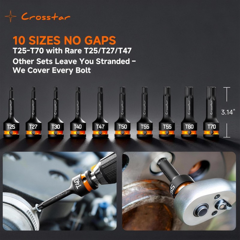 Crosstar 3pc T40 Impact Torx Bit Socket Set, 1/2" Drive
