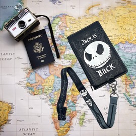 Nightmare Before Christmas Lanyard with Passport Holder, Jack Skellington Wallet with Clear ID Card Slot, Coin Zipper Pouch and Detachable Neck Strap, 7 inches