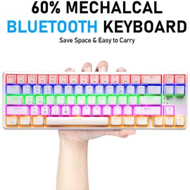60% Mechanical Gaming Keyboard,Ultra-Compact Rainbow Backlit Keyboard Bluetooth 4.0 Tepy C Wired/Wireless Blue Switches Computer Keyboard for Multi-Device Mobile PC Laptop(White Rainbow)