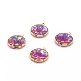 4PCS Gold Tone Real Dry Pressed Flower Resin Round Charm Pendant Supply GBY115