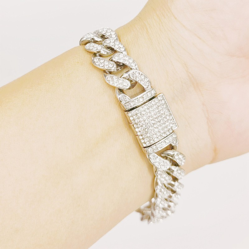 2Pcs Cuban Link Chain Rhinestone Necklace Bracelet Set Gift for