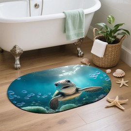 YNXTYB Oval Bath Mat Turtle Smiling Under The Sea Diatomaceous Mud Mats with Rubber Backing Ultra Soft Washable 23.6"×15.7" Quick Dry Thin Bath Rugs for Bathroom Floor Bathtub Vanity Easy Care