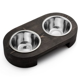 Pit stop Pet Food Bowls with Stand, Puppy Dog Feeding Bowls With Non-Skid Wooden Stand, Set of 2 Stainless Steel Food and Water Bowls for Dogs and Cats With Pine Wood Holder-Natural Wood Color-PET0010