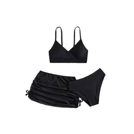 Cozyease - Conjunto de traje de baño liso de 3 piezas para niñas con falda fruncida, Negro -, 10 Años