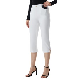 AFITNE Women's Capri Pants Stretch Dress Yoga Capris with Pockets High Waist Pull On Business Work Casual Cropped Slacks 21" White, S