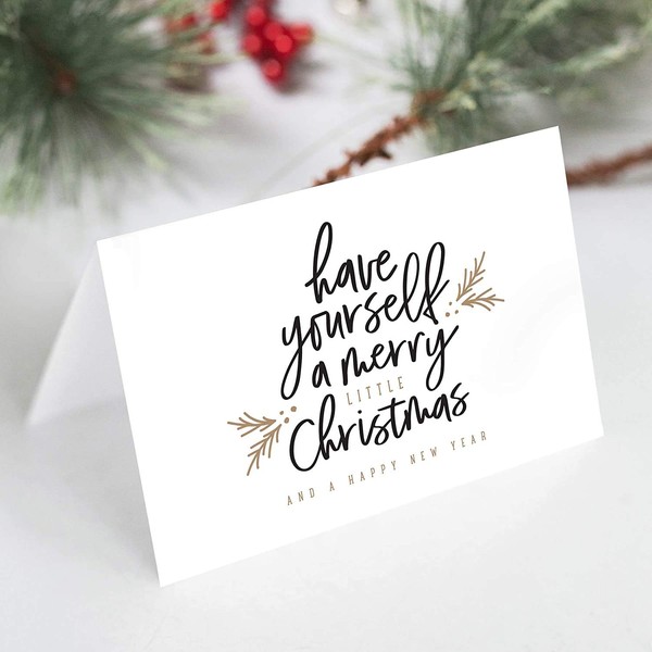 Bliss Collections Merry Little Christmas Greeting Cards with Envelopes, 4x6 Folded/Tented holiday design in gold and black (25 Pack)