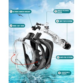 Greatever Full Face Snorkel Mask, Snorkeling Gear for Adults with Latest Dry Top Breathing System and Detachable Camera Mount, Foldable Snorkel Mask Adult, Snorkels Anti-Fog & Anti-Leak
