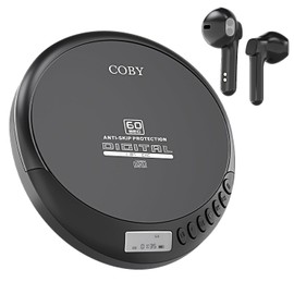Coby CD Player Portable with Bluetooth & Wireless Earbuds, Wired Earbuds, FM Radio, AUX, MP3 Anti-Skip CD Player for Home, Car, Rechargeable Ear Buds, Lightweight