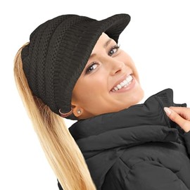 TOSKATOK Women's Slouchy Peaked Ponytail Messy Bun Knitted Hat Peaked Cap, black