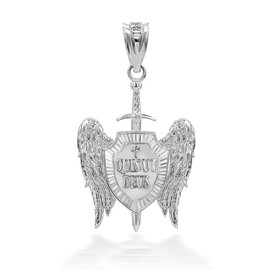 Certified 925 Sterling Silver Saint Michael Archangel Wings Cross Sword Shield "QUIS UT DEUS" Pendant
