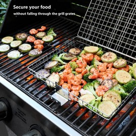 AIZOAM Grill Basket - Grill Baskets for Outdoor Grill, Stainless Steel Large Grilling Basket w Removable Handle, Portable Fish Grilling Rack for Grill Ideal Meat Fish Vegetables Grilling Accessories