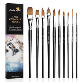 Professional Watercolour Brush Set, 10 Artist Brushes, Watercolour Brushes, Golden Maple, Sable Brush, Round Tip, Flat, Dagger, Oval Wash for Detail Painting, Watercolour Paint, Gouache