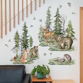 Runtoo Large Woodland Animals Wall Decals Bear Fox Deer Mountain Forest Pine Tree Wall Stickers for Nursery Kids Bedroom Classroom Wall Decor