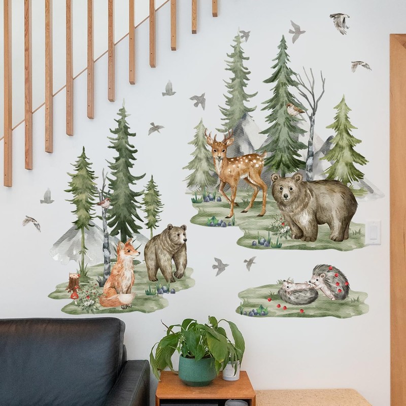 Runtoo Large Woodland Animals Wall Decals Bear Fox Deer Mountain