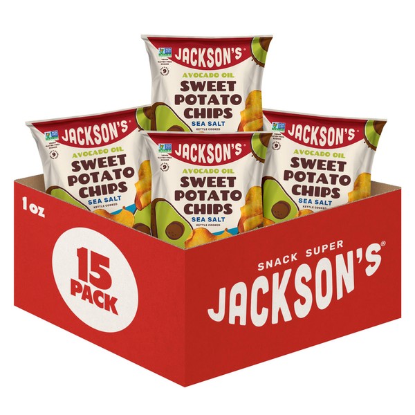 Jackson’s Sweet Potato Kettle Chips with Sea Salt made with Premium Avocado Oil (1 oz, Pack of 15) - Allergen-friendly, Gluten Free, Peanut Free, Vegan, Paleo Friendly - Shark Tank Product