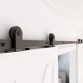 TSMST 12FT Sliding Barn Door Hardware Kit for Double Wood Door, Heavy Duty Sturdy Barn Door Track - Smoothly and Quietly - T Style Hanger