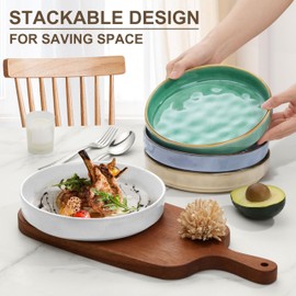 Herogo Stoneware Serving Bowls Dishes Set of 4, 34oz Large Wide Shallow Stackable Ceramic Pasta Bowls Plates for Salad Soup Cereal, Microwave & Dishwasher Safe, Multicolor