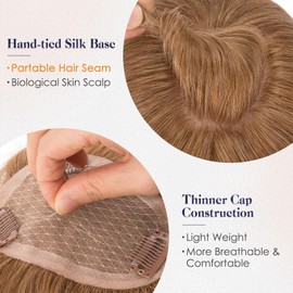 Elailite Human Hair Toppers for Women Real Human Hair Thinning Thin 9 * 12CM Silk Base Clip in Remy Hairpieces Hand-Tied 10 Inch Light Brown
