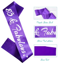 HUBEISIYU 80 & Fabulous Birthday Sash, 80th Birthday Gifts idea for women, Funny 80th Birthday Party Suppiles, Purple+ Silver(80 & Fabulous)