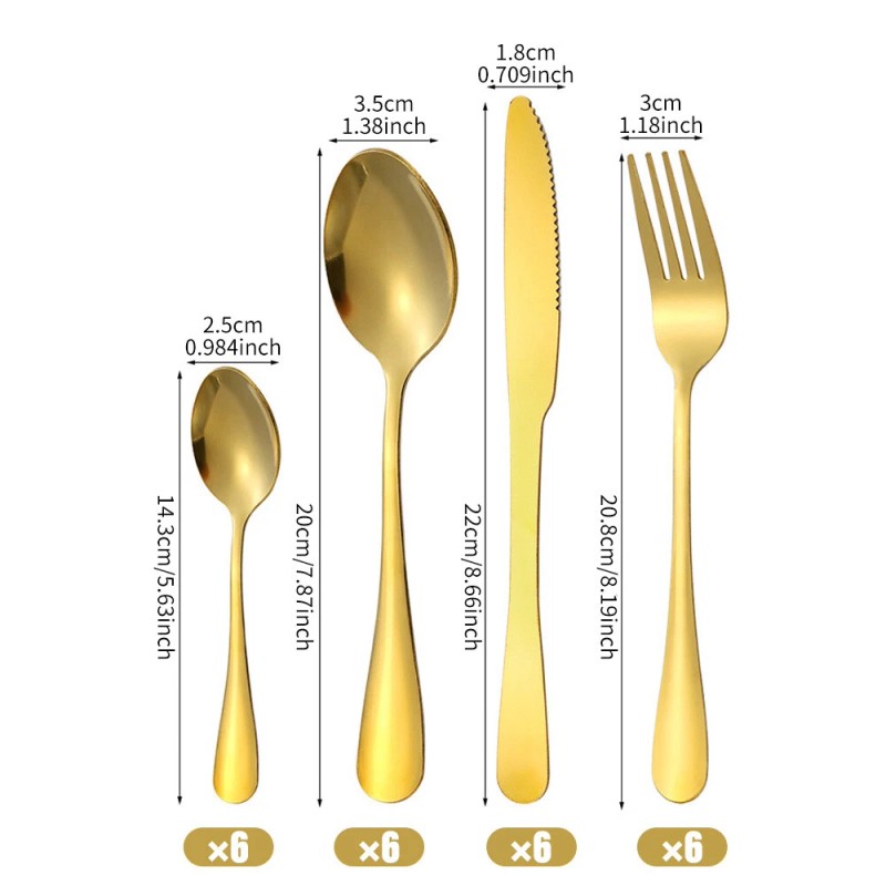 24 Pcs Goldware Set for 6 Stainless Steel Flatware Cutlery