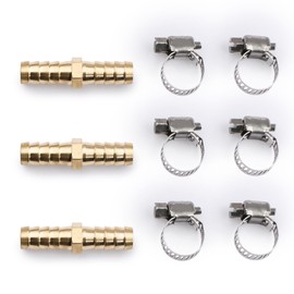 U.S. Solid Brass Hose Barbed Splicer, Round Equal Hose Joint, Brass Hose Fitting Connector, with Clamps (3/8")