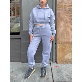 Women 2 Piece Outfits Lounge Set Cotton Fleece Sweatsuit Crop Hoodie & Jogger Pants Drawstring Long Sleeve Pocket Casual (US, Alpha, Small, Medium, Regular, Regular, Grey w/Hoodie)