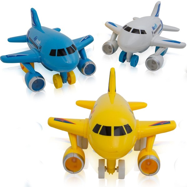 KIDSTHRILL Mini Friction Powered Airplanes with Lights and Air Plane Sounds – Set of 3 Push and Go Toy Travel Set Planes for Toddler Kids