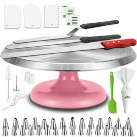 Soporte Giratorio para Pasteles de Metal Aluminio de 12",Kit de 69 piezas incluido, Base para Pastel, Kit de Decoración de Pasteles, Repostería (Rosa)