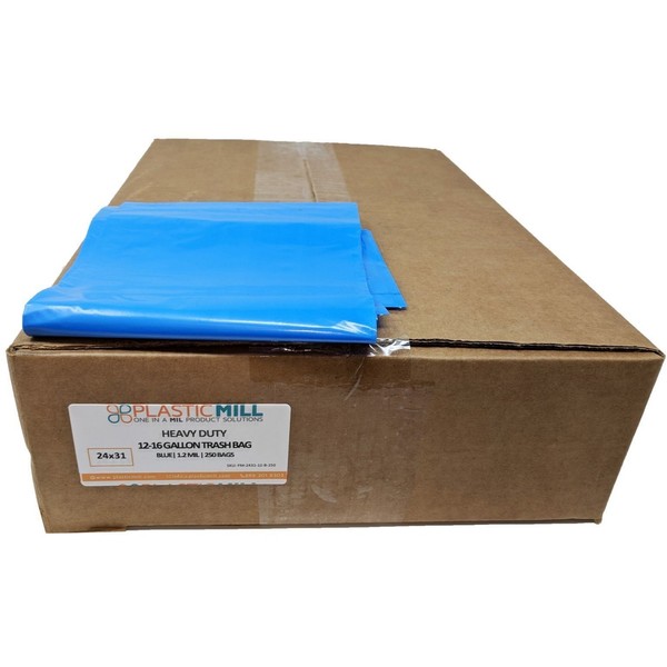 PlasticMill 12-16 Gallon Garbage Bags: Blue, 1.2 Mil, 24x31, 250 Bags.