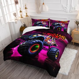 Ntlfup Monster Truck Comforter Set Queen Size, Racing Sport Bedding for Boys Teens Adults, Colorful Painting Monster Truck Bedding Room Decor