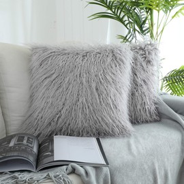 Kevin Textile Fluffy Pillow Case Deluxe Home Decorative Super Soft Plush Mongolian Faux Fur Throw Pillow Cover Cushion Case (18 x 18 Inch/45cm, Light Grey)