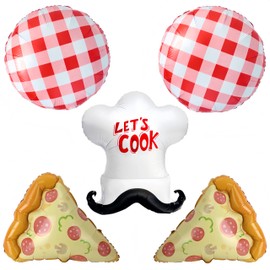 5Pcs Pizza Party Decorations/Special Delivery Pizza Baby Shower Decor/Pepperoni Pizza Slice Mylar Balloons with Chef Hat & Red Gingham Balloons for Italian Party, BBQ Picnic Spring Outdoor Decor