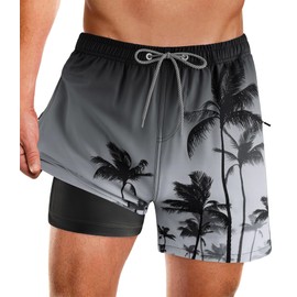 APTRO Men's Swimming Shorts with Zip Pockets 2 in 1 Quick Dry Swim Trunks with Compression Liner Coconut Tree Grey MK055 L