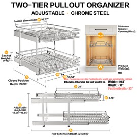 QUYUWU 2-Tier Kitchen Cabinet Pull Out Shelf and Drawer Organizer Slide Out Pantry Storaqe Basket in Multiple Sizes (19" W x 21" D)