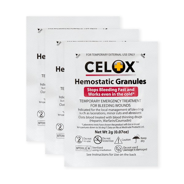 CELOX Granular Hemostat Blood-Clotting Crystals, 3 Count. ILIOS Packaged.
