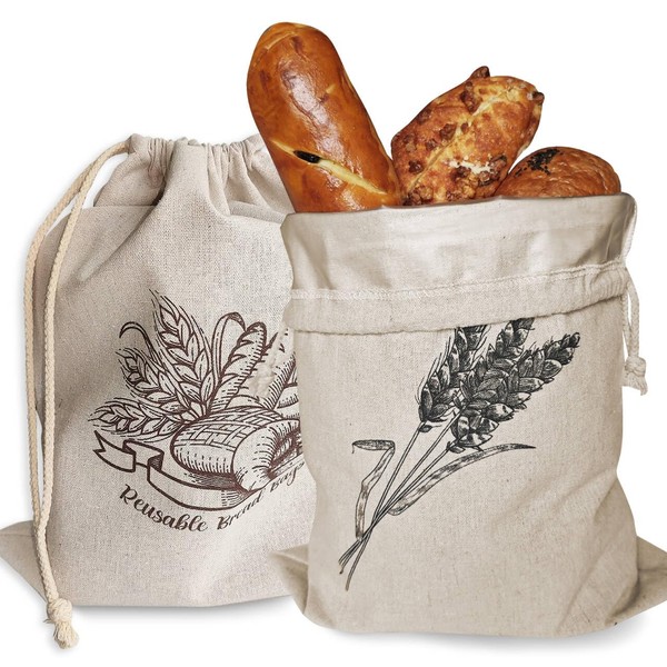 2 Pack of Reusable Bread Bags, Natural Linen Bread Bag