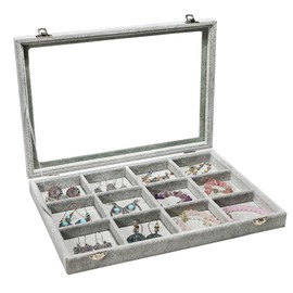 Stratalife Jewelry Holder Organizer Jewelry Organizer Box Bracelet Storage Velvet Jewelry Tray with Clear Lid Jewelry Drawer Organizer Jewelry Display Tray 12 Grid Grey