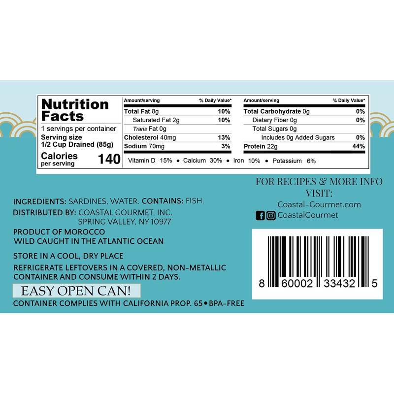 Coastal Gourmet Sardines in Water- No Salt Added 4.375 oz.