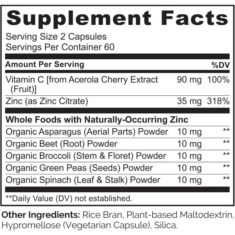 NATURELO Vegan Zinc Immune Support Capsules - Whole Food Complex