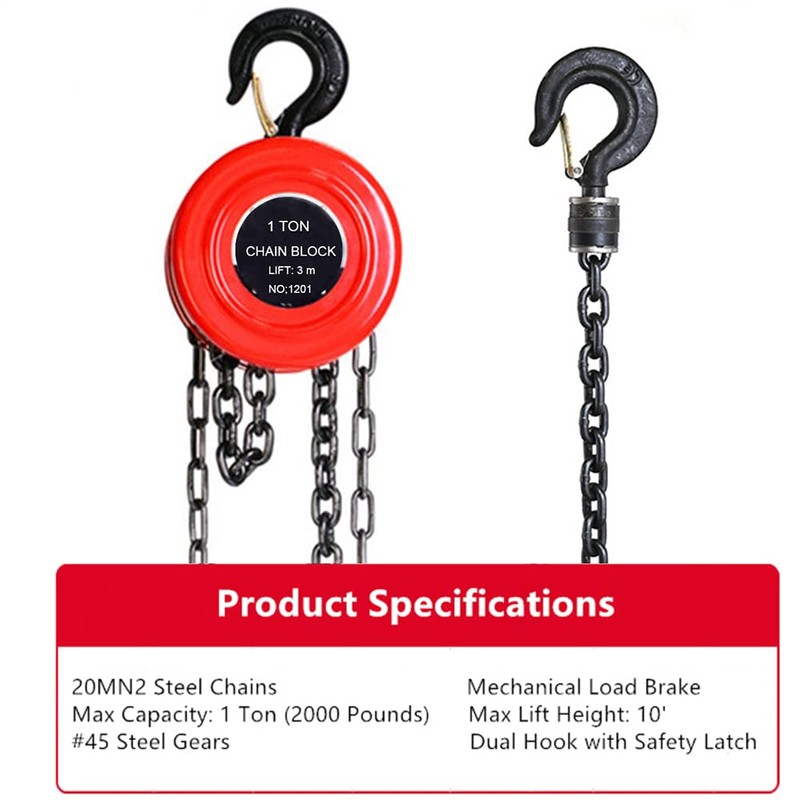 Manual Chain Hoist | 1 Ton/2000 lbs Capacity | 10’